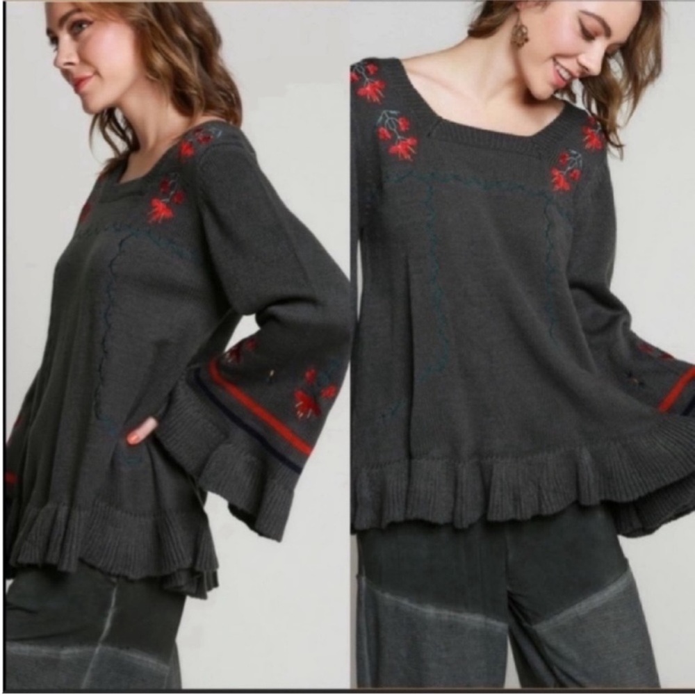 POL Wide Sleeve Boho Style Embroidered Sweater